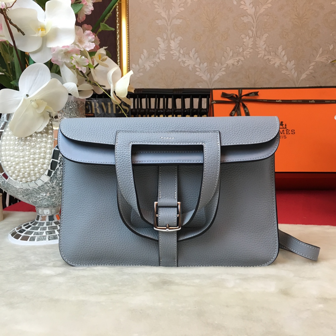 Hermes Halzan 31 Handbag Shoulder Bag In Blue Lin Clemence Leather